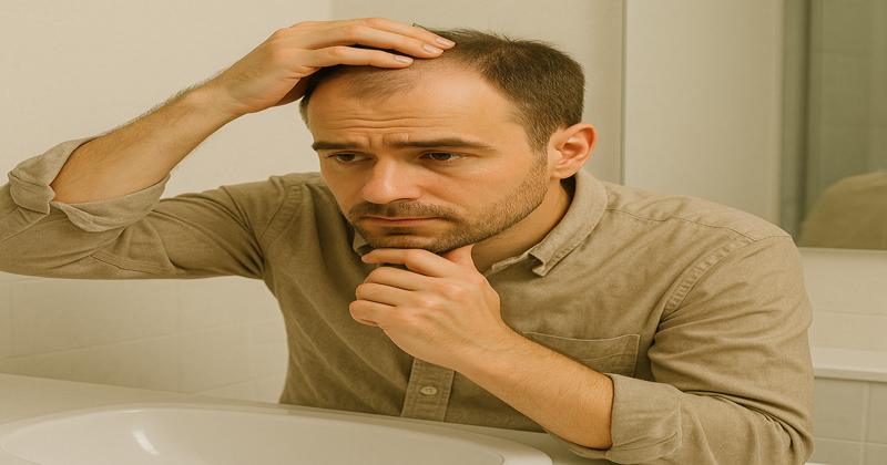ストレスが髪に与える影響とその対策 ストレスの影響で抜け毛に悩む男性が洗面台で髪を気にしているイメージ