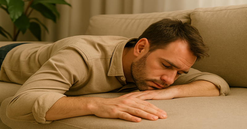 睡眠不足が抜け毛を招く理由とは 睡眠不足によってぐったりとソファにうつ伏せになる男性のイメージ
