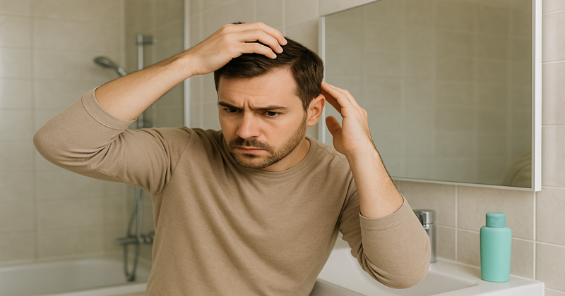 過度なヘアケアが逆効果になる理由 過度なヘアケアにより頭皮トラブルや抜け毛が悪化している男性のイメージ