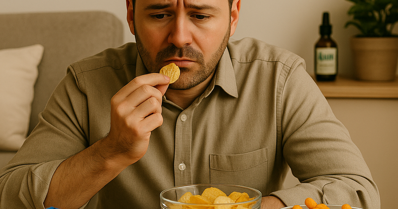 食生活の乱れと抜け毛の関係 スナック菓子を食べる習慣が抜け毛に影響する30代男性のイメージ